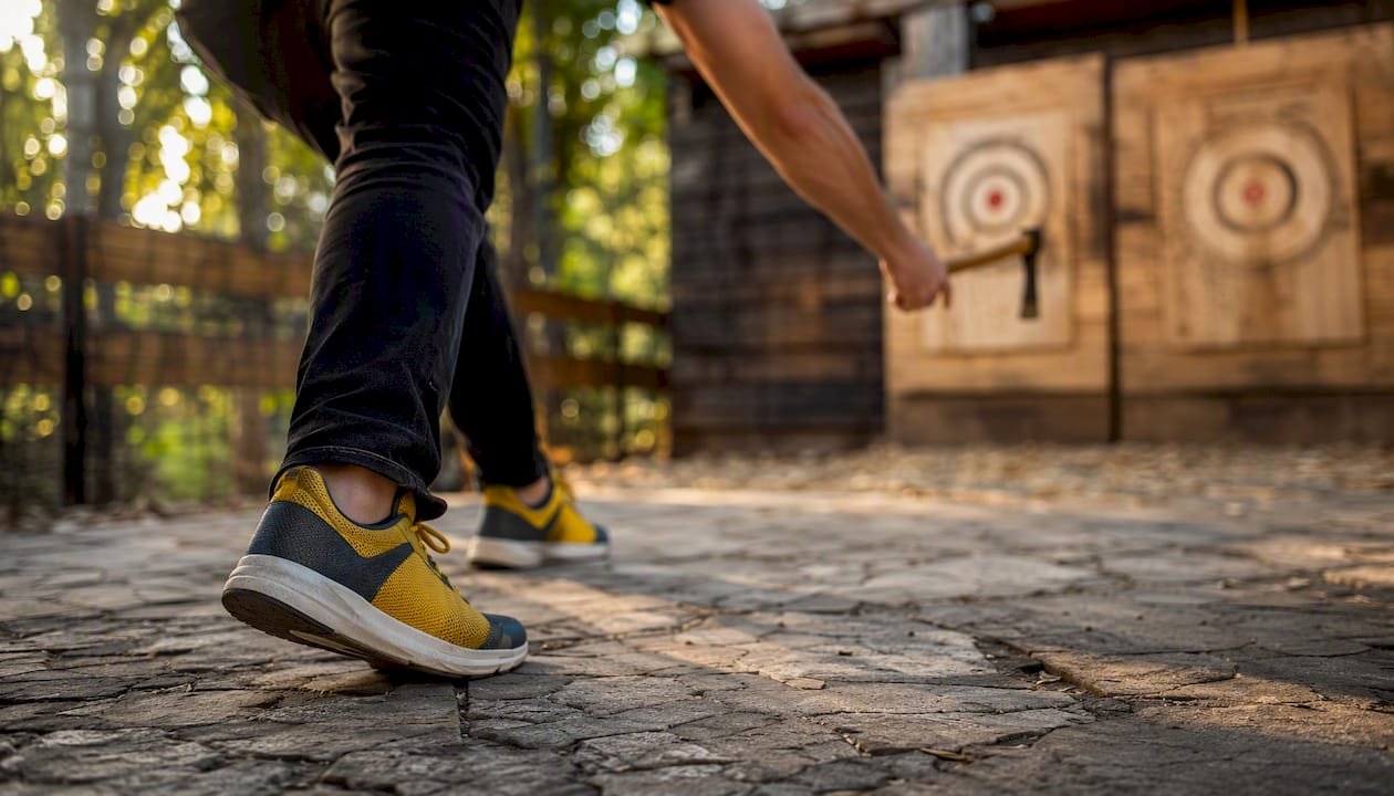 Close-up on throwing shoes and arm