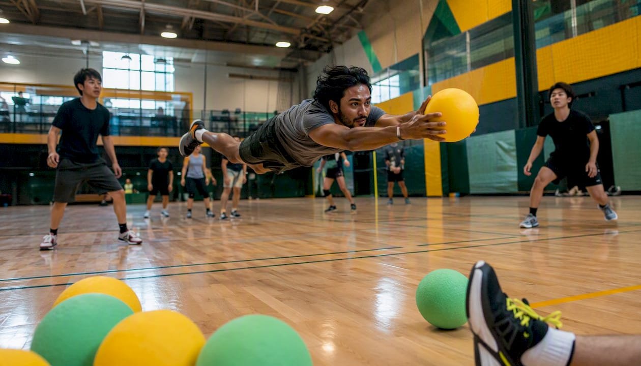 Group playing dodgeball indoors