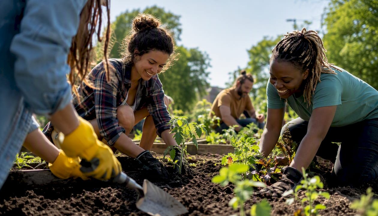 Volunteers planting at community garden