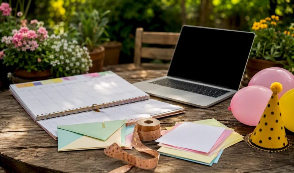 Birthday party planning items on desk