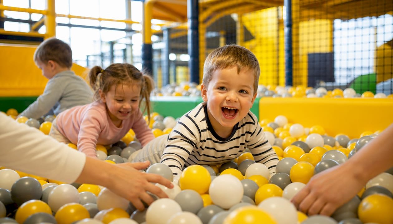 Preschoolers engaging in indoor active play obstacle course