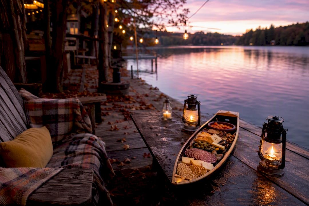 Lakeside cottage dock with cozy bachelorette setup