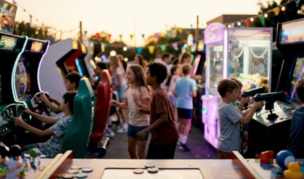 Arcade party with colorful game machines and active players