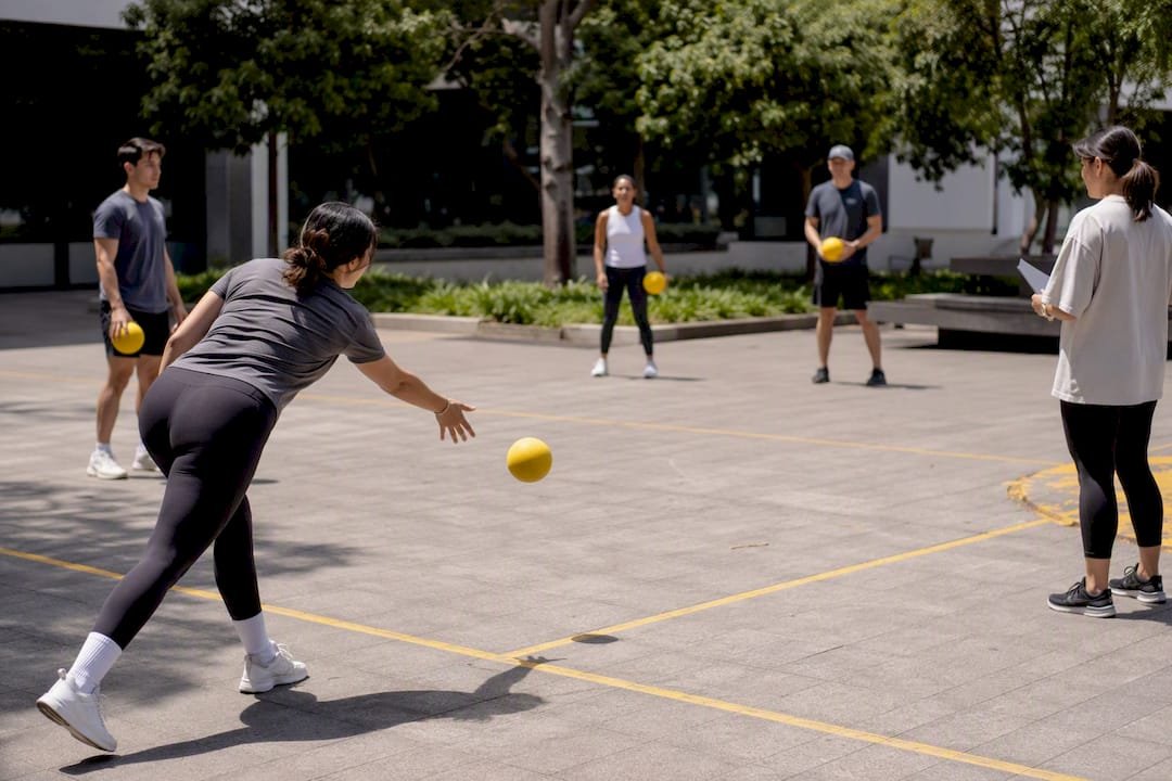 Inclusive low-impact dodgeball play in corporate gym