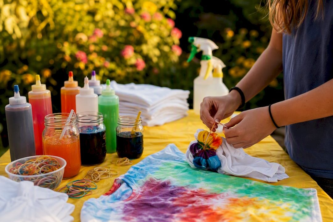 Tie-dye lab with colorful dyes and t-shirts