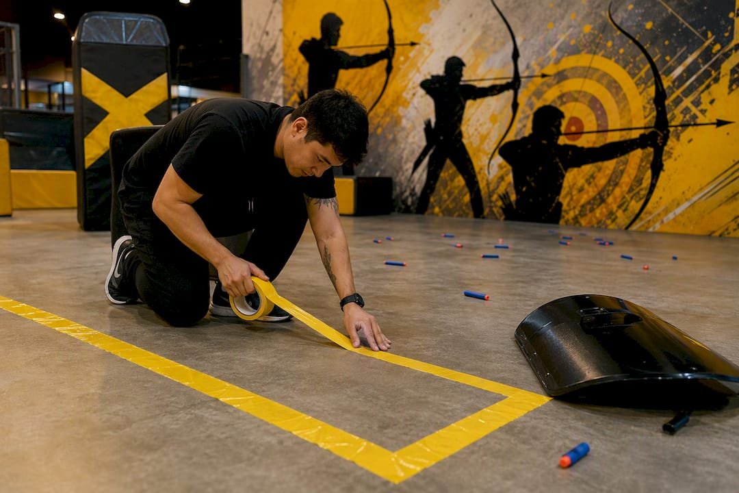 Adult marking safety zones with tape indoors