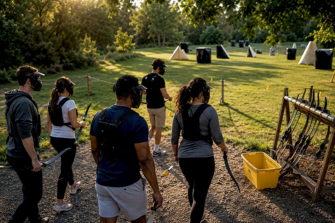Friends starting a beginner archery tag session