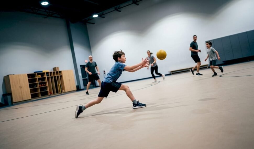 Family playing dodgeball indoors