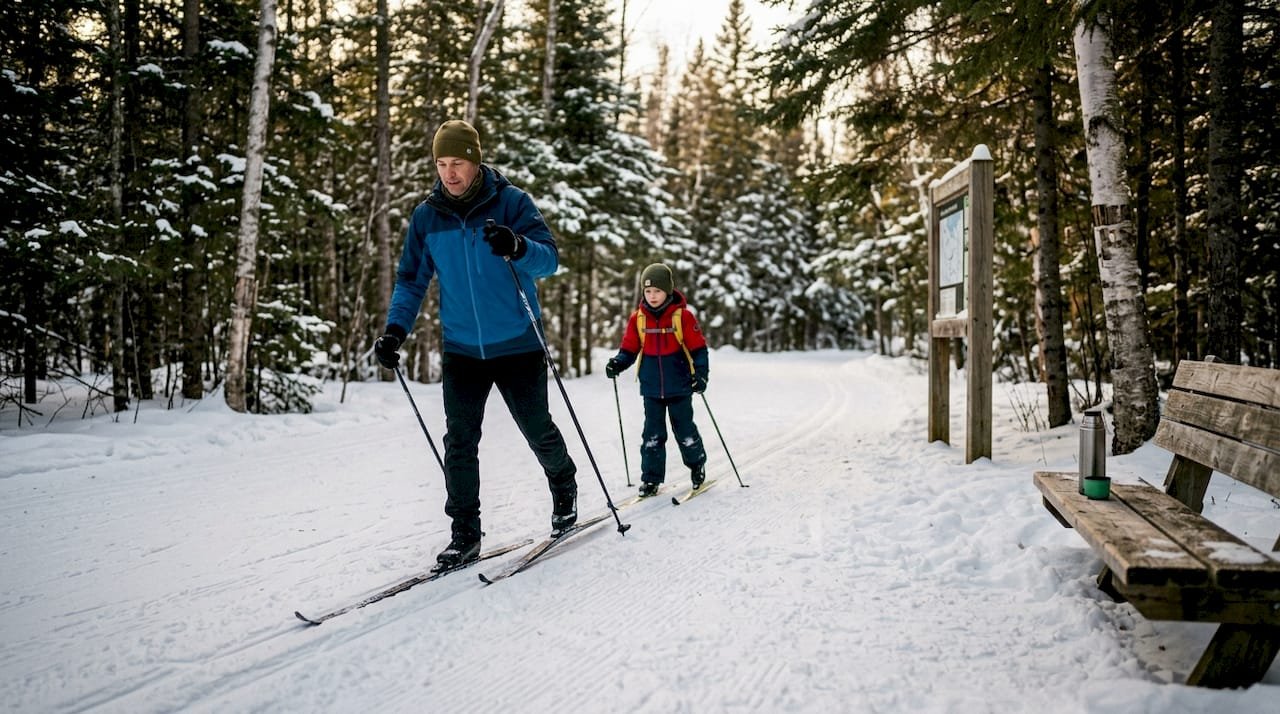 Parent and child cross-country skiing