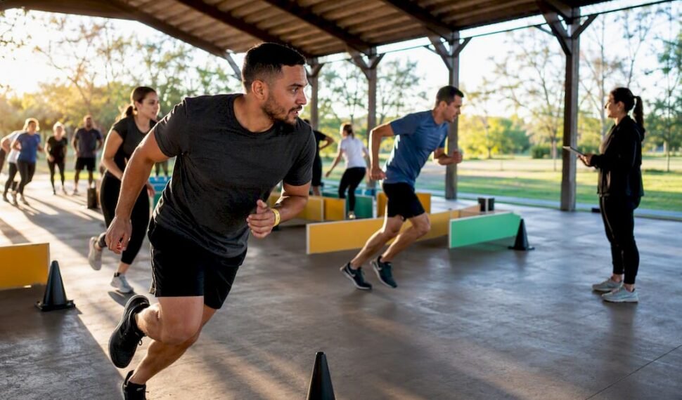 Corporate team during energetic group challenge