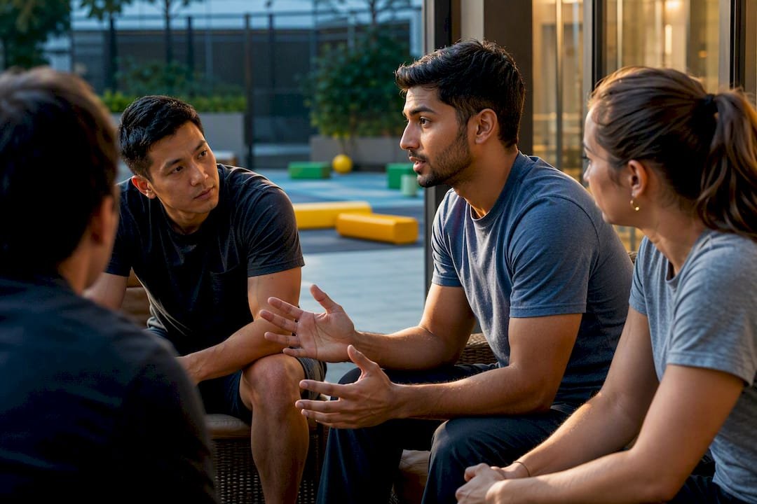 Team member speaking during post-game debrief