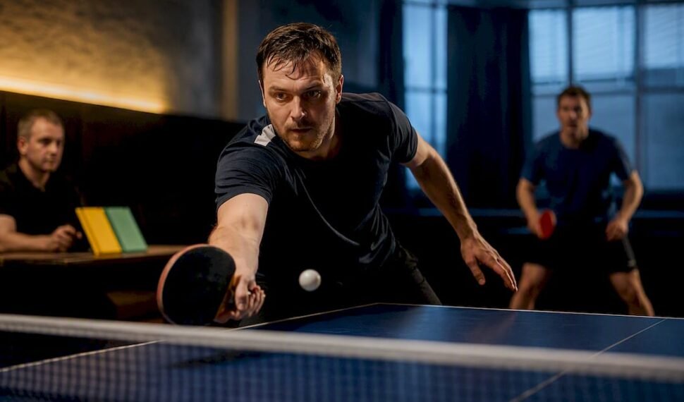 Players contesting a tense table tennis rally