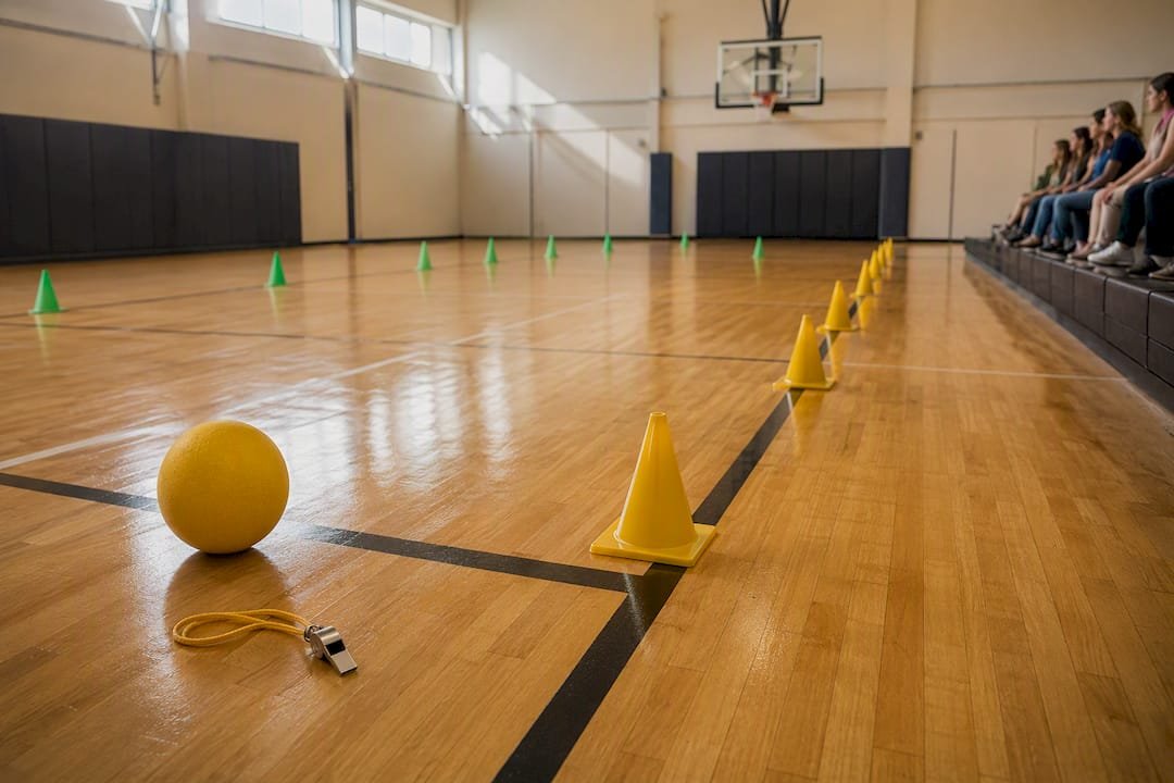 Marked dodgeball court with spectator zone