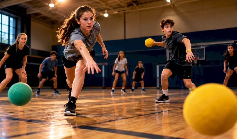 Youth group playing dodgeball indoors