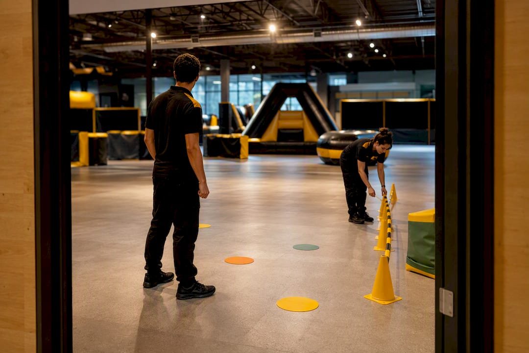 Staff preparing an indoor birthday venue