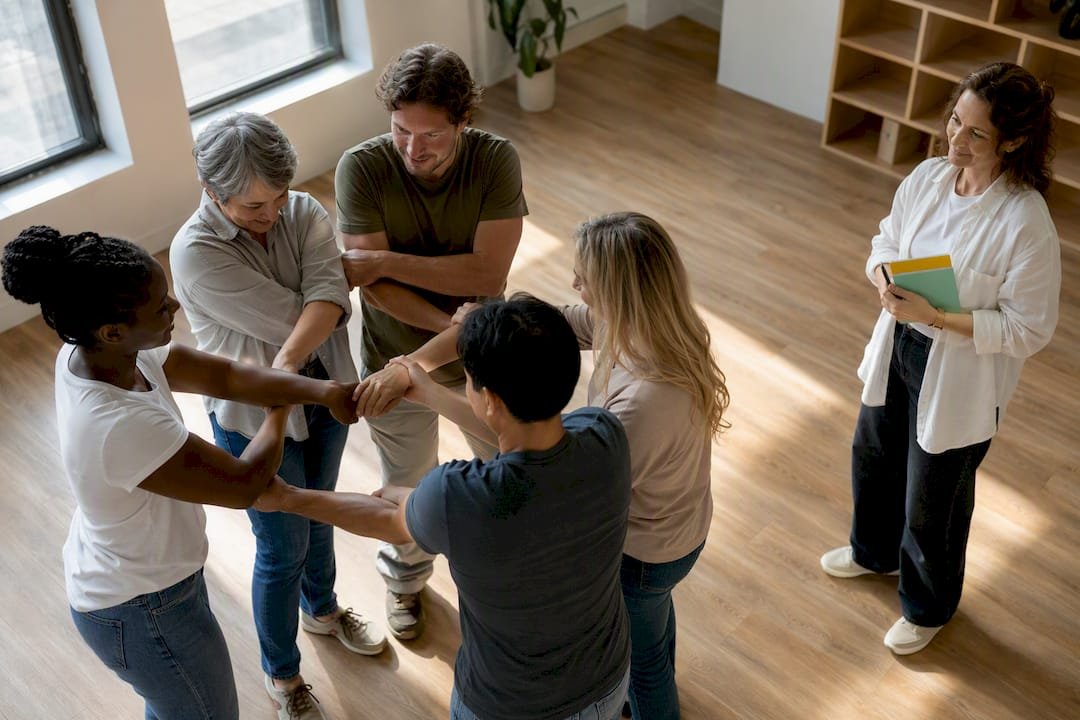 Adults doing Human Knot with observer role