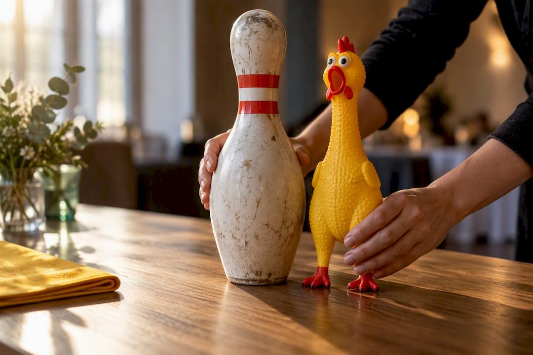 Humorous rotating award objects on table