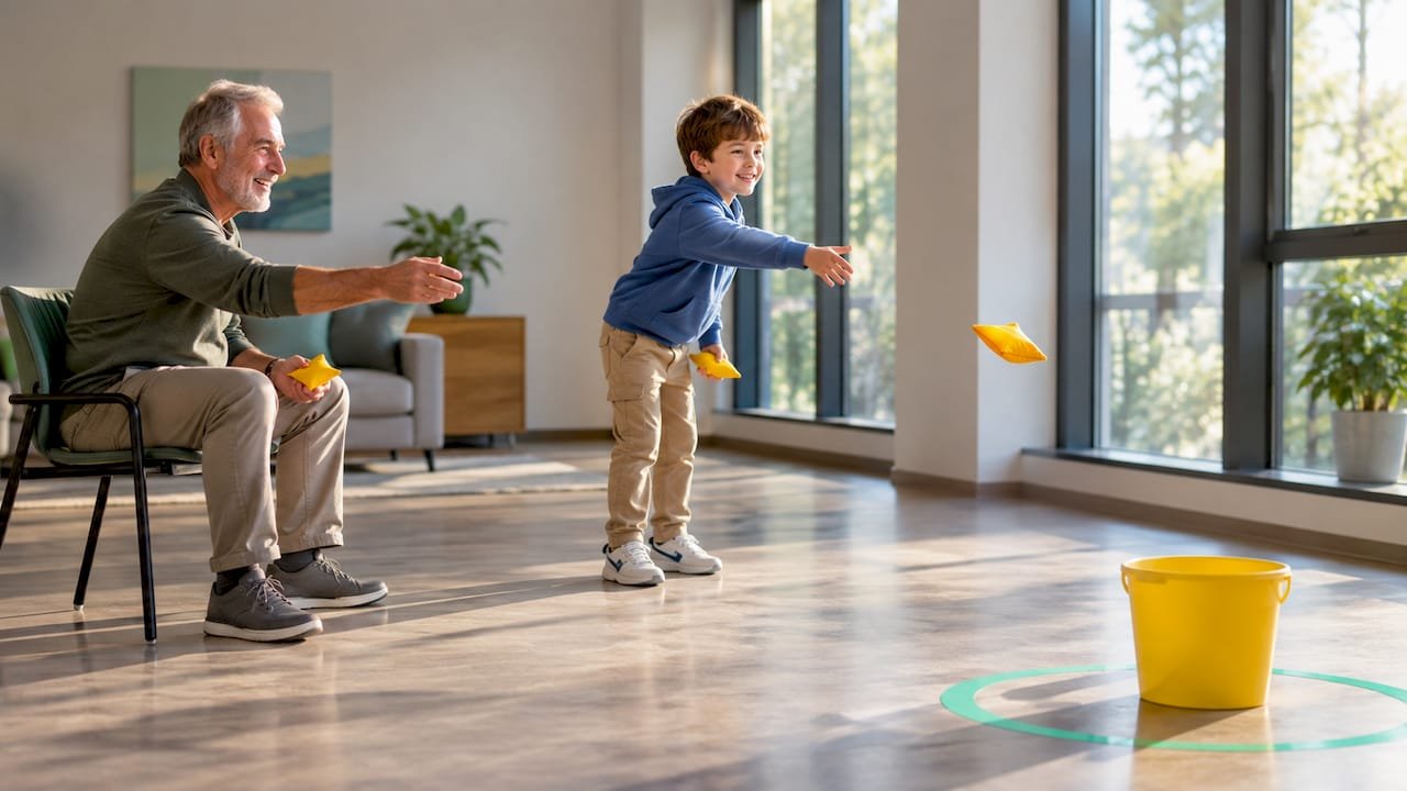 Mixed-age guests playing seated bean bag toss