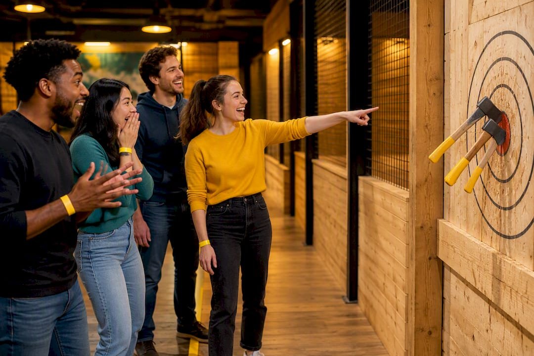 Coworkers celebrating a successful axe throw