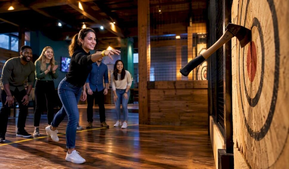 Team axe throwing at an activity venue