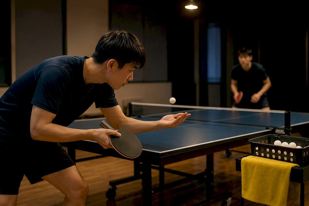 Player practicing legal table tennis serve