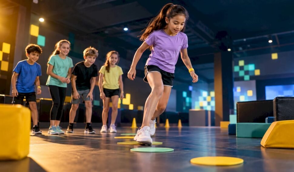 Kids moving through arcade-themed party challenge