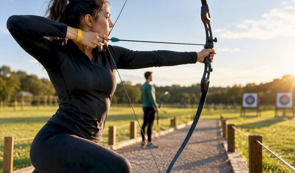 Participant in safe athletic clothing practicing archery