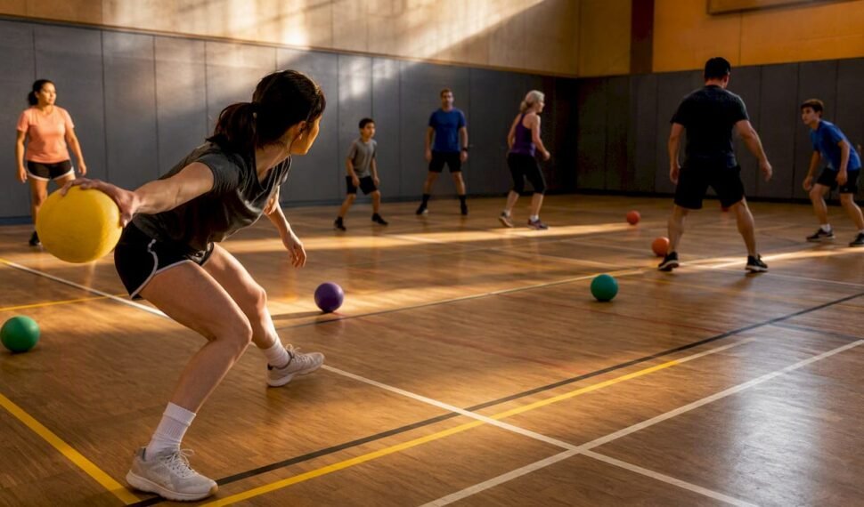Players competing in a dodgeball court