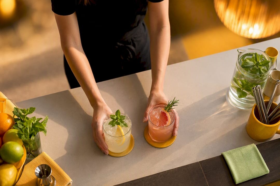 Garnished non-alcoholic drinks at an event