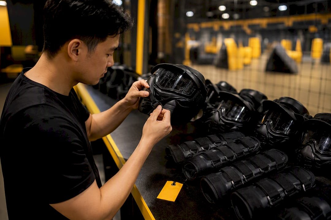 Staff member checking combat archery safety gear