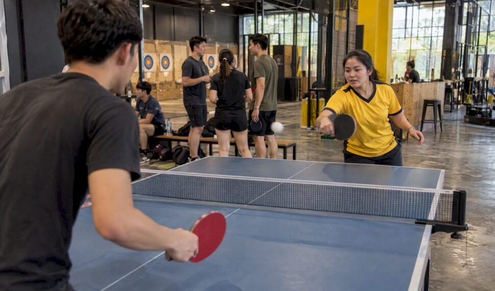 Sports team playing ping pong at venue party