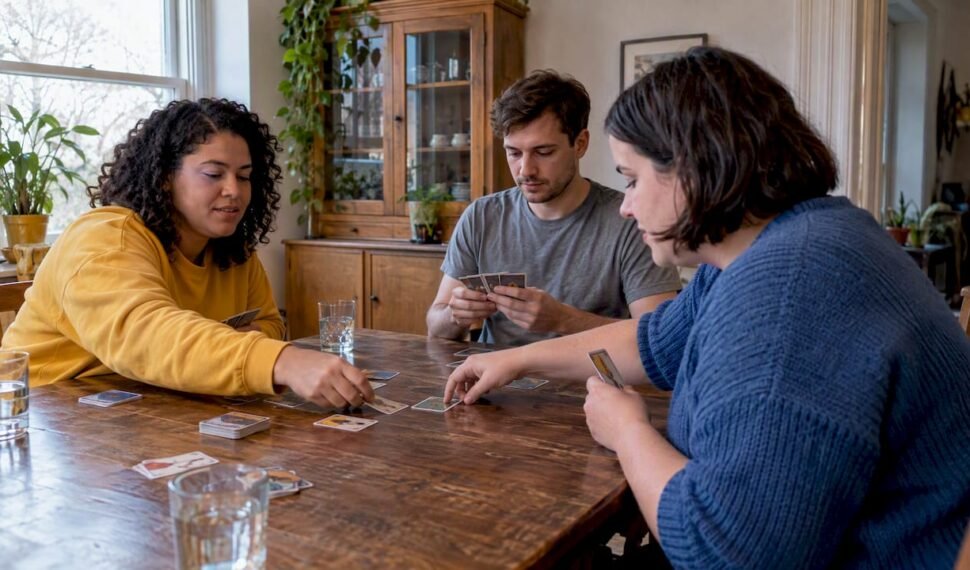 Friends playing cards around a dining table