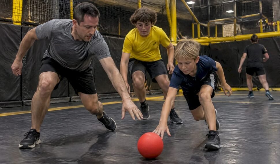 Family playing dodgeball in an indoor activity court