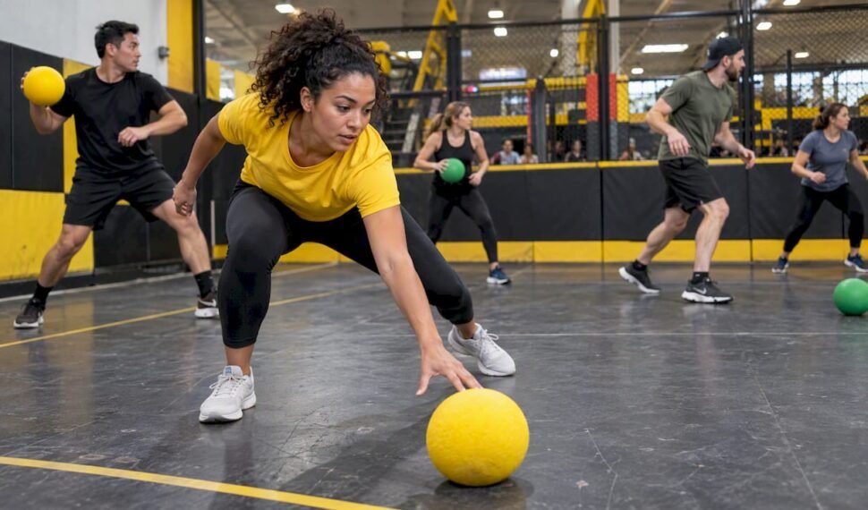 Players competing in an indoor dodgeball game