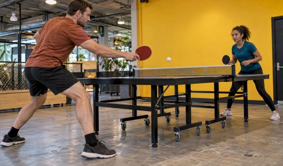 Friends rallying at a ping pong table