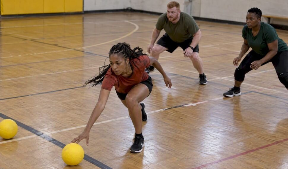 Teammates split roles during dodgeball opening rush