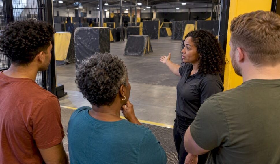 Friends choosing a game at an indoor venue